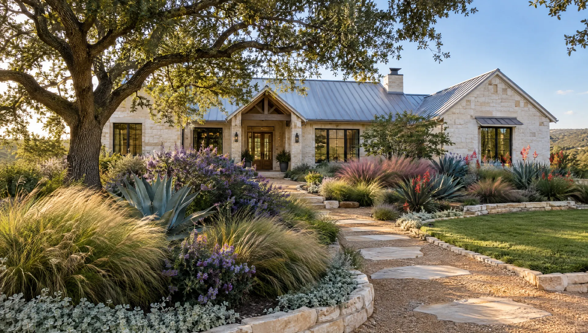 After: the same yard as a native Hill Country garden with agave, feather grass, cenizo and a flagstone path