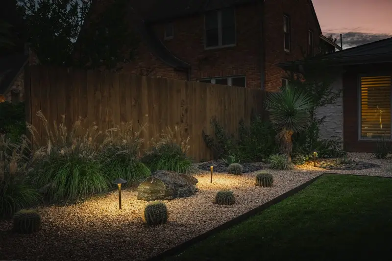 Gravel garden with barrel cactus and path lights along a cedar fence